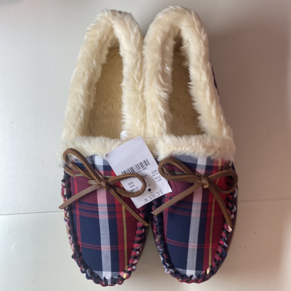 NWT J Crew Moccasin Slippers NAVY RED TARTANPlaid, 9
